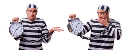 Man prisoner with clock isolated on white
