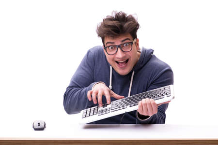 Funny nerd man working on computer isolated on white