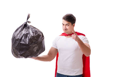 Superhero man with garbage sack isolated on whiteの写真素材