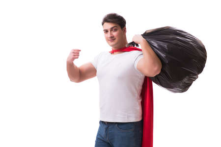 Superhero man with garbage sack isolated on whiteの写真素材