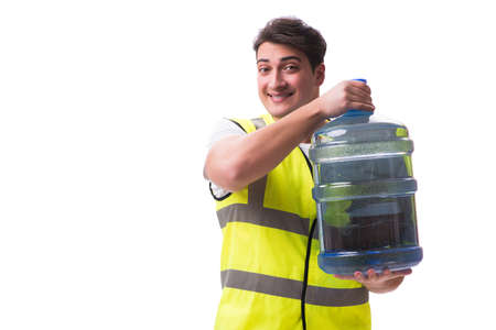 Man delivering water bottle isolated on whiteの写真素材