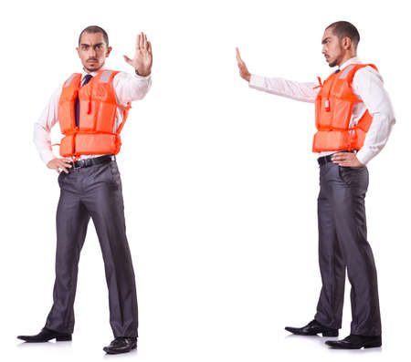 Businessman with rescue safety vest on whiteの写真素材