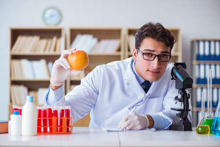 Scientist working on organic fruits and vegetablesの写真素材