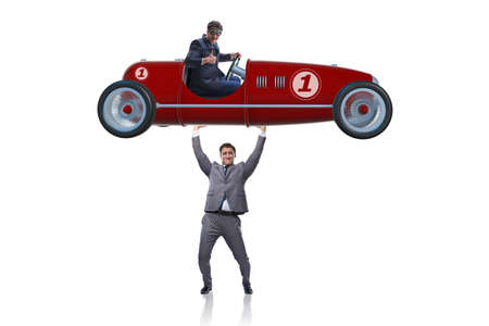 Businessman lifting sports car in power conceptの写真素材