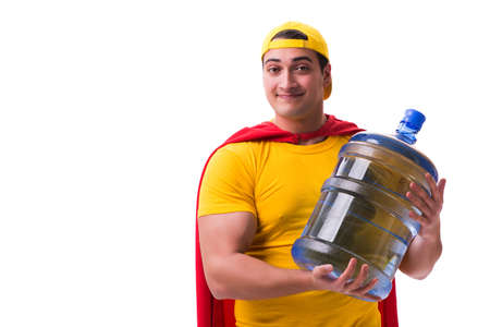 Man delivering water bottle isolated on whiteの写真素材
