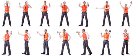 Businessman with rescue safety vest on white