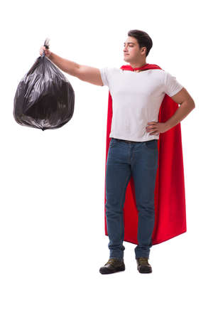 Superhero man with garbage sack isolated on whiteの写真素材