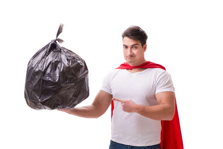 Superhero man with garbage sack isolated on whiteの写真素材