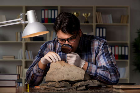 Archeologist working late night in officeの写真素材