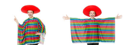 Funny young mexican with false moustache isolated on whiteの写真素材