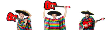 Funny young mexican with guitar isolated on whiteの写真素材