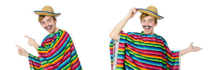 Funny young mexican with false moustache isolated on whiteの写真素材
