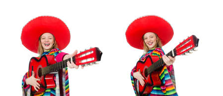 Pretty girl in mexican poncho with guitar isolated on whiteの写真素材