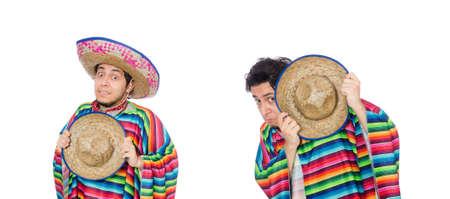 Funny mexican wearing poncho isolated on whiteの写真素材