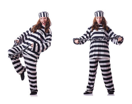 Prisoner in striped uniform on whiteの写真素材