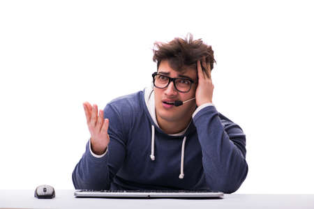 Funny nerd man working on computer isolated on white