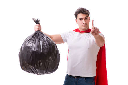 Superhero man with garbage sack isolated on whiteの写真素材