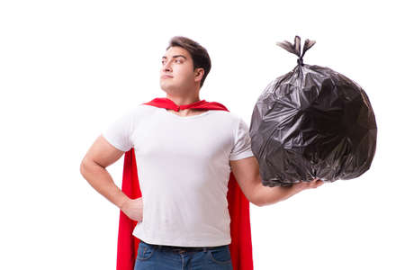 Superhero man with garbage sack isolated on whiteの写真素材