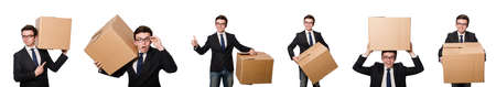 Funny man with boxes isolated on whiteの写真素材