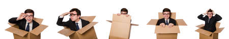 Funny man with boxes isolated on white