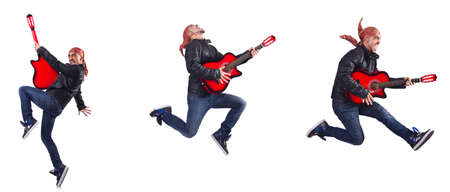 Guitar player isolated on whiteの写真素材