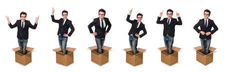 Funny man with boxes isolated on whiteの写真素材