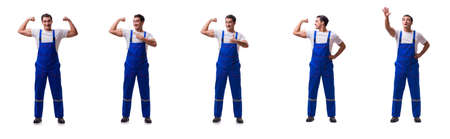 Handsome repairman wearing coveralls isolated on whiteの写真素材