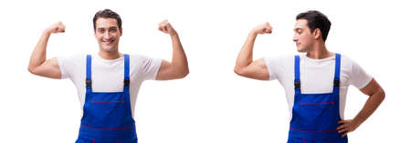 Handsome repairman wearing coveralls isolated on whiteの写真素材