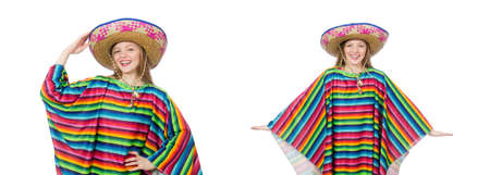 Pretty girl in mexican poncho isolated on whiteの写真素材
