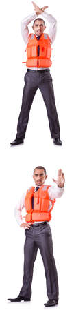 Businessman with rescue safety vest on whiteの写真素材