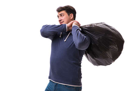 Man with garbage sack isolated on whiteの写真素材