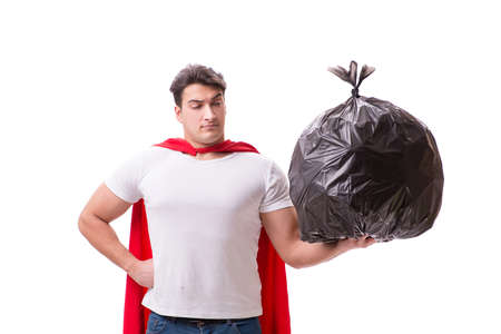 Superhero man with garbage sack isolated on whiteの写真素材