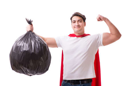 Superhero man with garbage sack isolated on whiteの写真素材