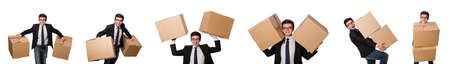 Funny man with boxes isolated on whiteの写真素材