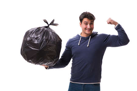Man with garbage sack isolated on whiteの写真素材
