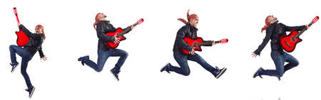 Guitar player isolated on whiteの写真素材