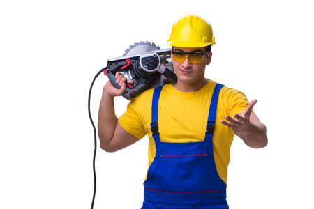 Carpenter wearing coveralls with circular saw isolated on white