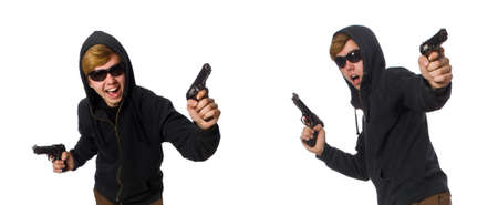 Aggressive man with gun isolated on white