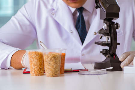 Nutrition expert testing food products in labの写真素材