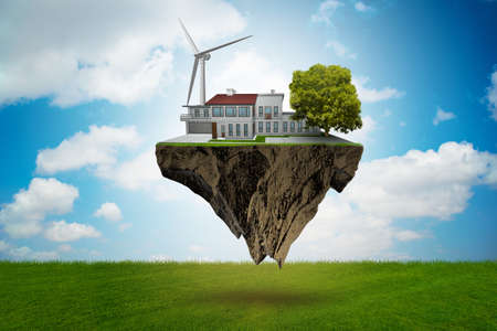 Flying floating island in green energy concept - 3d renderingの写真素材
