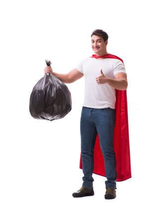 Superhero man with garbage sack isolated on whiteの写真素材