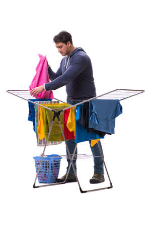 Husband man doing laundry isolated on white