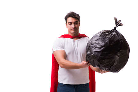 Superhero man with garbage sack isolated on whiteの写真素材