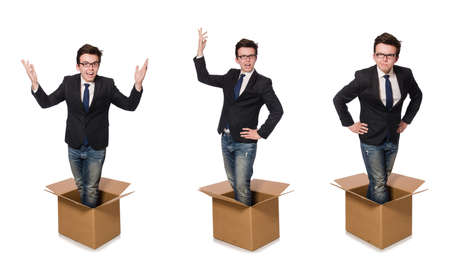 Funny man with boxes isolated on whiteの写真素材