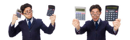 Funny man with calculator isolated on white