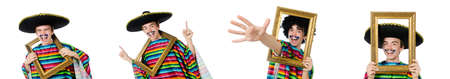 Funny young mexican with photo frame isolated on whiteの写真素材