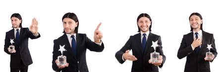 Businessman with star award isolated on whiteの写真素材