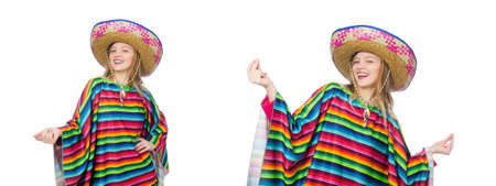 Pretty girl in mexican poncho isolated on whiteの写真素材
