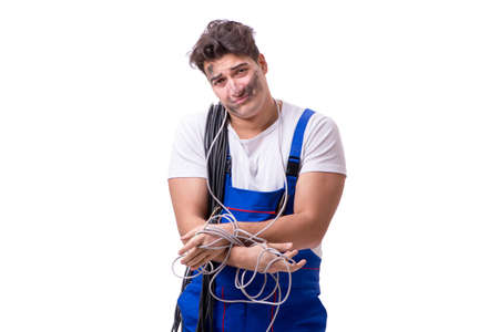 Funny man doing electrical repairの写真素材