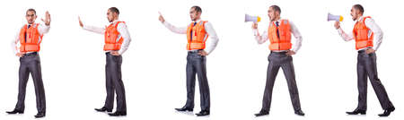 Businessman with rescue safety vest on whiteの写真素材